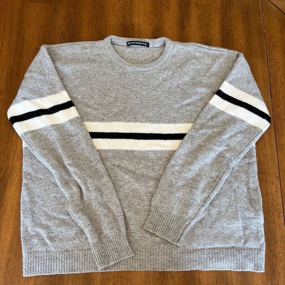 Brandy Melville Grey and White Striped Long Sleeve Sweater One Size - Picture 2 of 9
